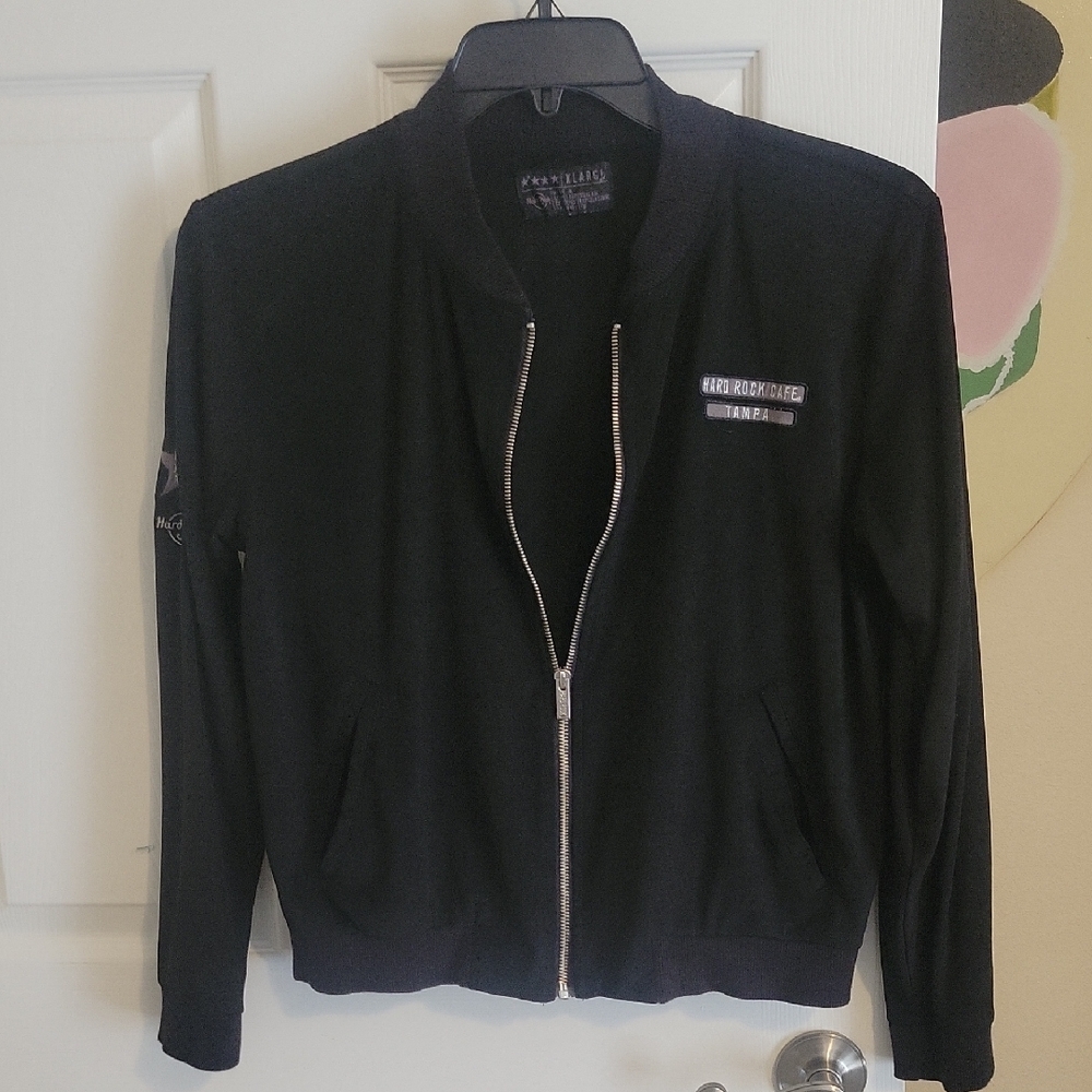 Hard Rock Tampa Zip up Black Bomber Jacket Front pockets, ribbed collar